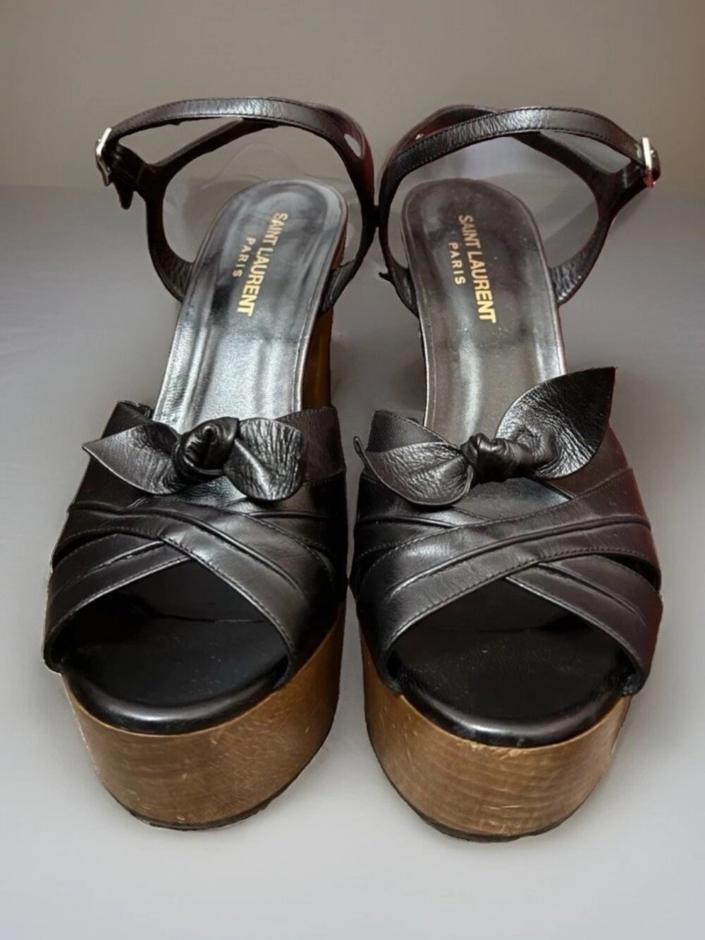 Saint Laurent Candy Black Leather Wooden Platform Sandals 38/8 US